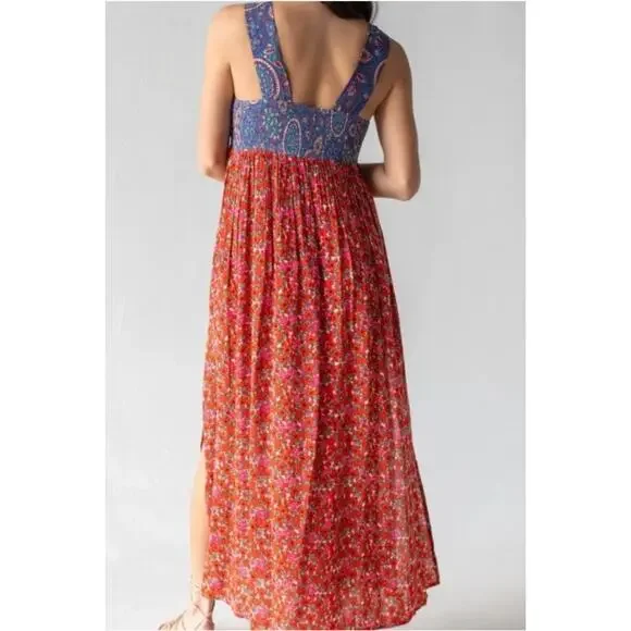 New Natural Life Tricia red and blue mixed floral maxi dress XL Cottagecore Boho - Picture 2 of 10